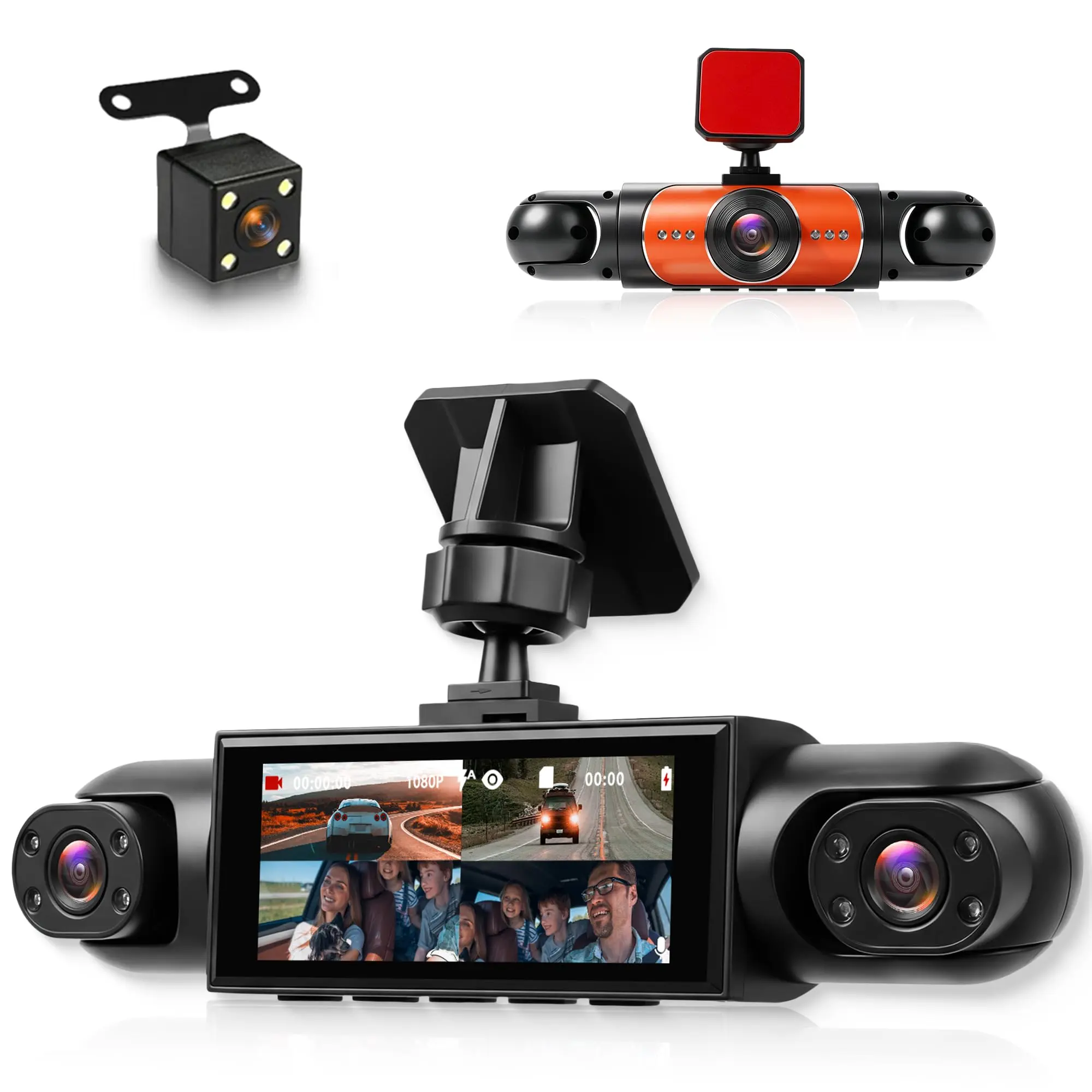 （Orange）Dash Cam 4 Channel 3.16 Inch 1080P Car DVR Front/Rear/Inside Left/Right, Built-in IR Night Vision, Motion Detection, 24/7 Parking Monitor, Loop Recording, Reversing Assist