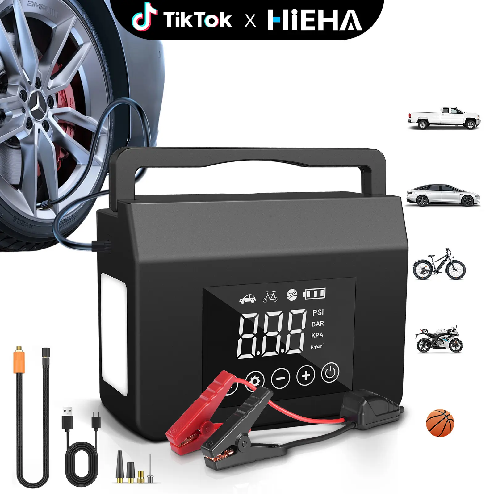 【HiEHA】2026 Cordless Digital Automotive Tire Inflator 3-in-1 Tool - 2500A Cold Start Jump Starter, 8000mAh 150PSI Power Bank, LED Flashlight SOS Light, Auto Shut-Off for Inflating Tires, Car Repair Accessory