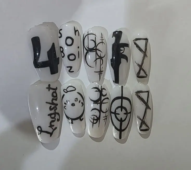 SB19 Press On Nails, Longshot 4shoboiz Kpop Nails, Black White Hand Painted Logo Graphic Fake Nails | Gift Set (Adhesive Tabs, Nail File, Cuticle Stick)