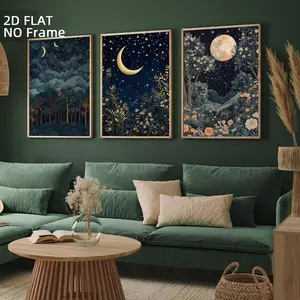 3 Pcs Unframed William Morris Canvas Wall Art, Gold Moon & Night Sky Botanical Prints, Vintage Floral Posters, Mid-Century Modern Celestial Garden Decor for Bedroom, Living Room, Nature Artwork Gift, Modern Home Decor