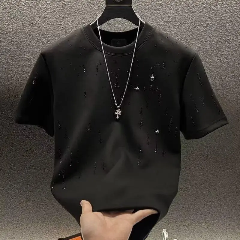 Men's Seamless Spandex Short-Sleeve T-Shirt - Heavy Industrial Light Luxury High-End Full Meteor Diamond Round Neck, Male Clothing, Men’s Clothes, Half Sleeve, Fitted Casual Tops, Cross