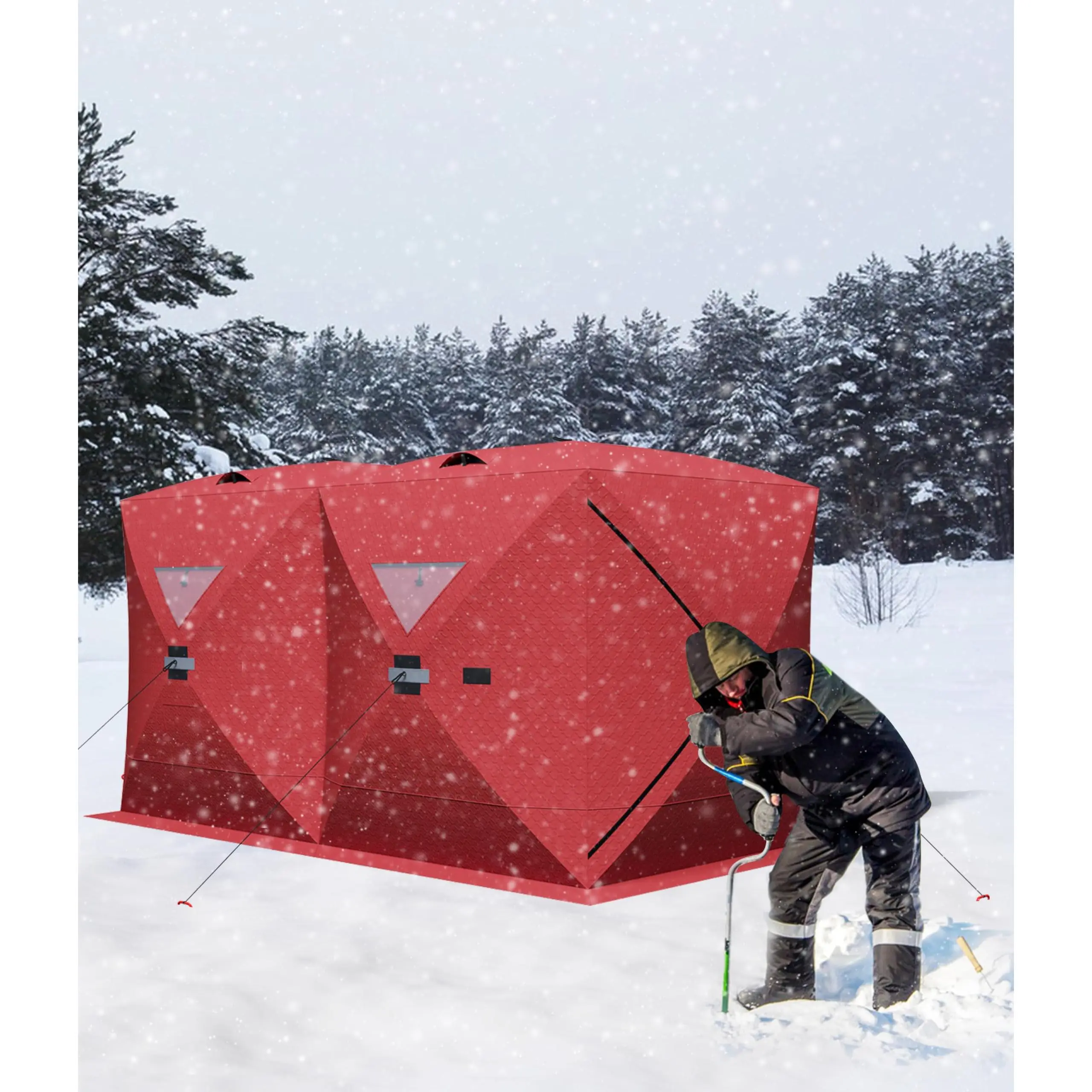 Insulated Pop Up Ice Fishing Tent for 6-8 Person, 11.6x6.5x6ft Portable Winter Shelter, Durable 210D Quilted Oxford Weatherproof Ice Shanty with Ice Anchors, PVC Windows & Vents, Large Fishable Area Hut with Carry Bag for Cold Weather