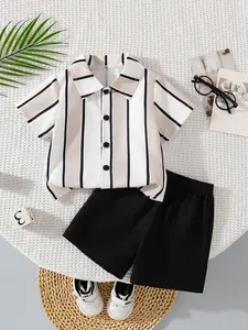Boys' Summer Casual Set, Striped Sets, Color-Block Striped Style, Boys' Color-Block Striped Shirt + Black Shorts Two-Piece Set, Notch Lapel Single Button, Valentine's Day Gift, Suitable for Daily Outings, Family Dinners, Holiday Parties