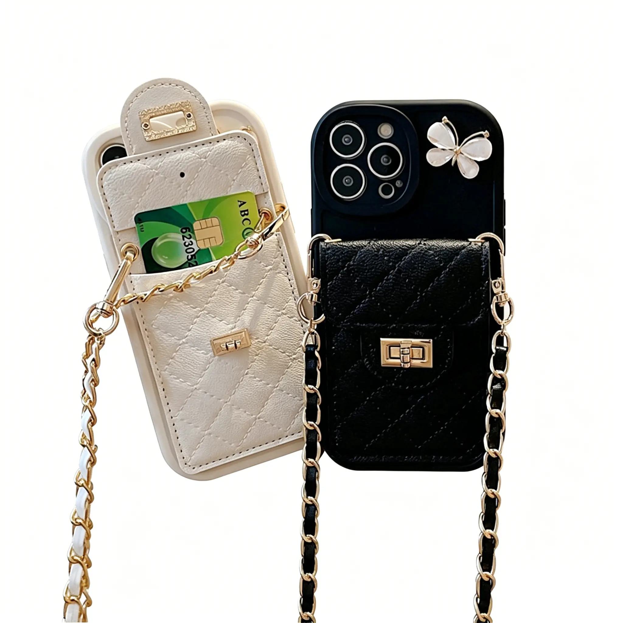 (Case & Nova) Slim Fit White Crossbody Strap Leather TPU Smartphone Case with Chain Card Holder, Detachable Shock Absorber Cover for iPhone 17 Pro Max,16,15,14,13,12,11 Pro,11,XS Max, Cute Accessory for Girls, White Card Holder + Crossbody Strap, Shoulder