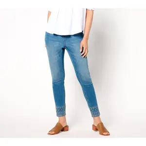 Denim & Co. Regular Indigo Easy Stretch Embellished Hem Slim Ankle Jean
