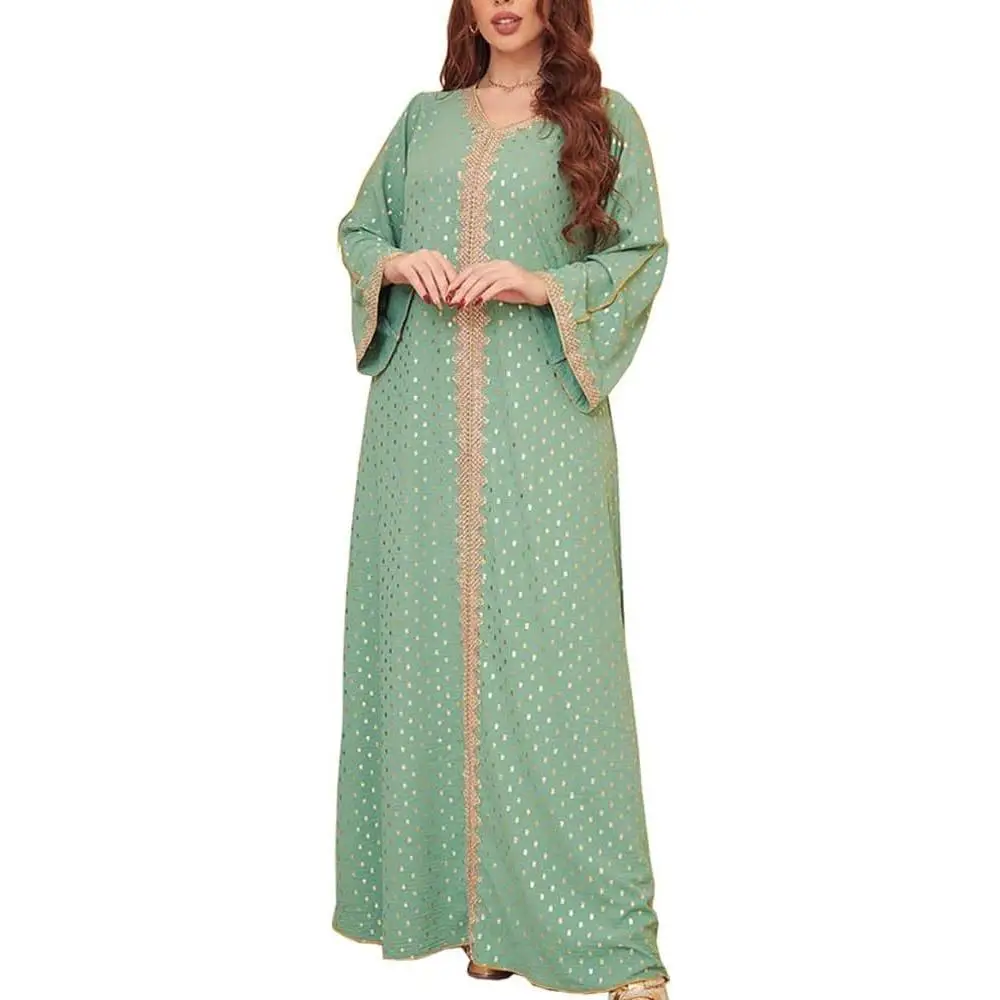 FPOVFPO Women's Muslim Abaya One-Piece V Neck Bronzing Dress Islamic Full Length Kaftan Daily Casual
