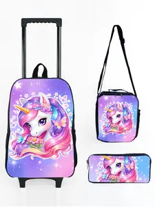 17-inch Trolley Backpack 3-Piece Set with Unicorn Pony Print