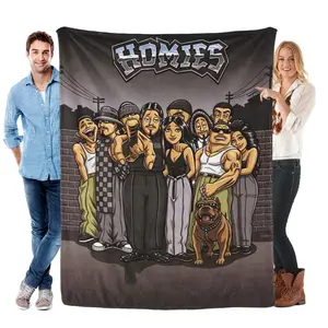 Homies Chicano Street Style Cartoon Printed Flannel Fleece Throw Blanket, Ultra Soft Cozy All Season Sofa Bed Cover, Retro Latino Urban Home Decor, Ideal Holiday Birthday Gift For Homies Art Fans