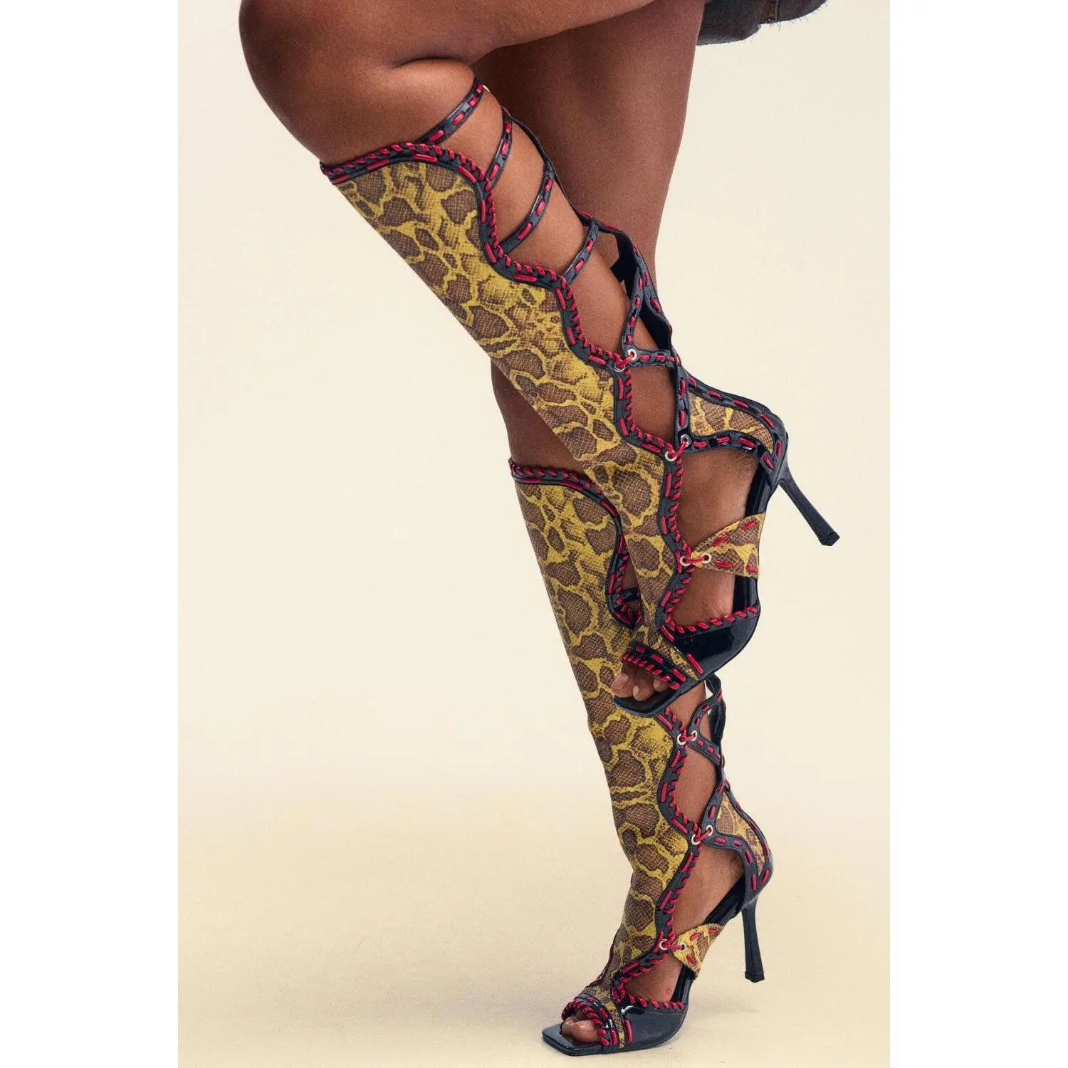 AZALEA WANG INDRANI HIGH SHAFT YELLOW SNAKE PRINT GLADIATOR SANDAL