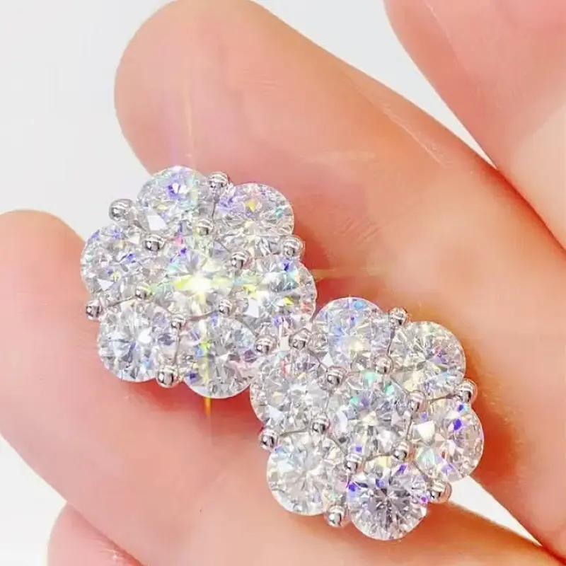 Delicate 925 Sterling Silver 1.4CT Full Moissanite Flower Cluster Stud Earrings