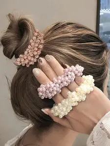 Cute Faux Pearl Decorated Hair Scrunchie Set, 3pcs High Stretch Hair Ties for Women & Girls, Minimalist Headwear for Thick Hair, Ponytail Hairstyle