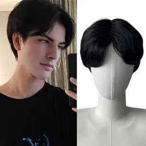 Men's Natural Straight Wig - Matte Black Brown with Elastic Mesh Cap for a Secure Fit, Suitable for Cosplay, Theatrical Performances, and Everyday Use - Compatible with All Light Beige Shades - Specially Crafted in Europe, Easy-to-Wear Wig for Beginners