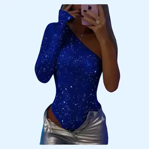 Sparkling Rhinestone One-Shoulder Bodysuit Women's Shapewear Top Polyester Solid Style Long Sleeve Zippered Perfect for Party Nights Club Outfits Clothes Costume Elegance Elegance Womenswear Glam Glam winnie the pooh outfits lace flare pants ladies boxers