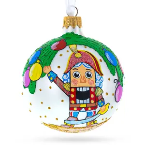 Nutcracker and Christmas Tree Blown Glass Ball Ornament 3.25 Inches