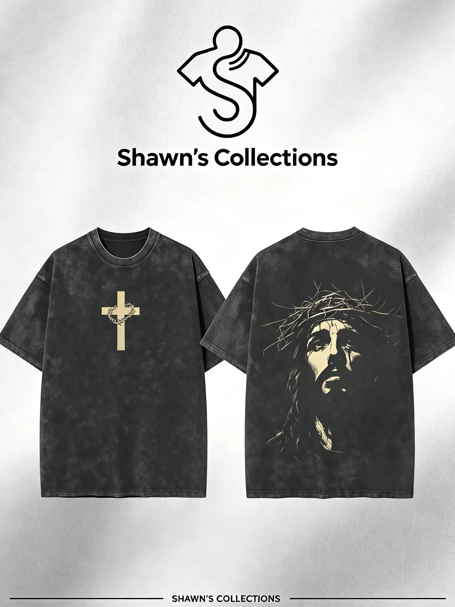 Shawn's Vintage Acid Washed Black Oversized Jesus Crown Of Thorns T-Shirt,Jesus Crown of Thorns Washed Tshirt, God Apparel Tee, Easter T-Shirt, Jesus T-Shirt, Easter Streetwear, Christian Apparel Graphic Tees, Gym Pump Cover Casual Round Neck