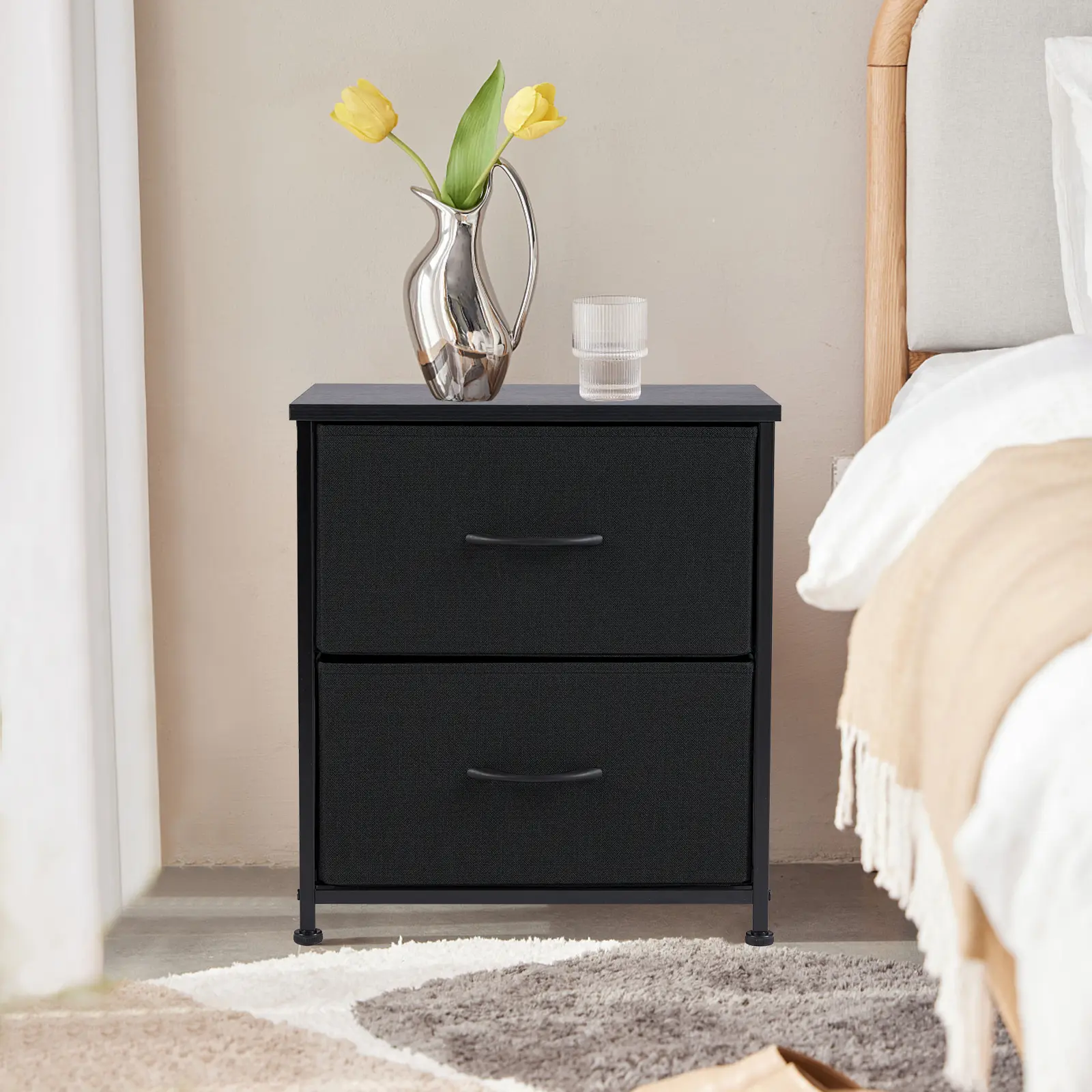 2-Drawer Fabric Bedside Table - Adjustable, Drawer-Equipped, Non-Scratch, Dual-Use, Assembled Multi-Functional Furniture for Bedroom, Living Room, Adjustable Bedside Table, Drawer-Equipped Bedside Tables
