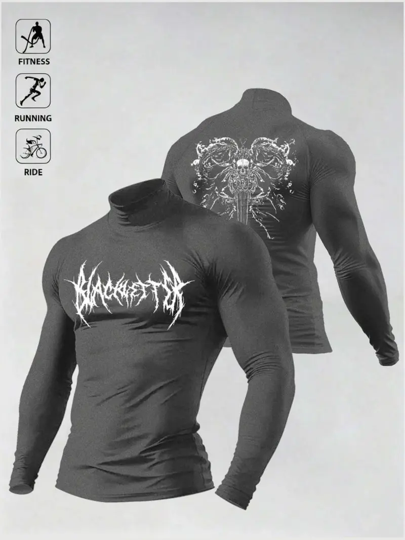Men's High Elastic Performance Top, Gym Workout Shirt, Gothic Print, Moisture-Wicking Fabric, Ideal for Powerlifting, Daily Sports, Casual Wear