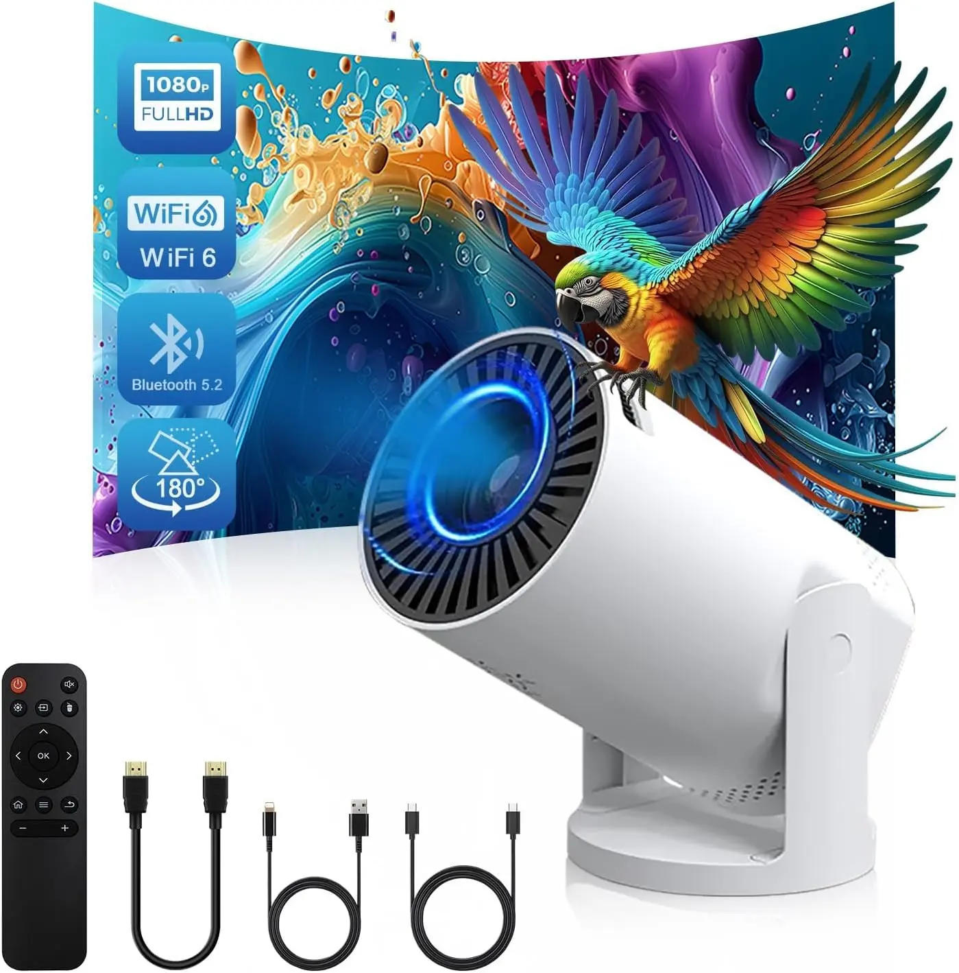 Wireless Mini Projector with WIFI 6 and 5G, 4K 1080P Support Portable Projector 180° Rotatable. 17"-140" Screen Video Projector. Compatible for Smartphone, Laptop, PC. Audio Durable