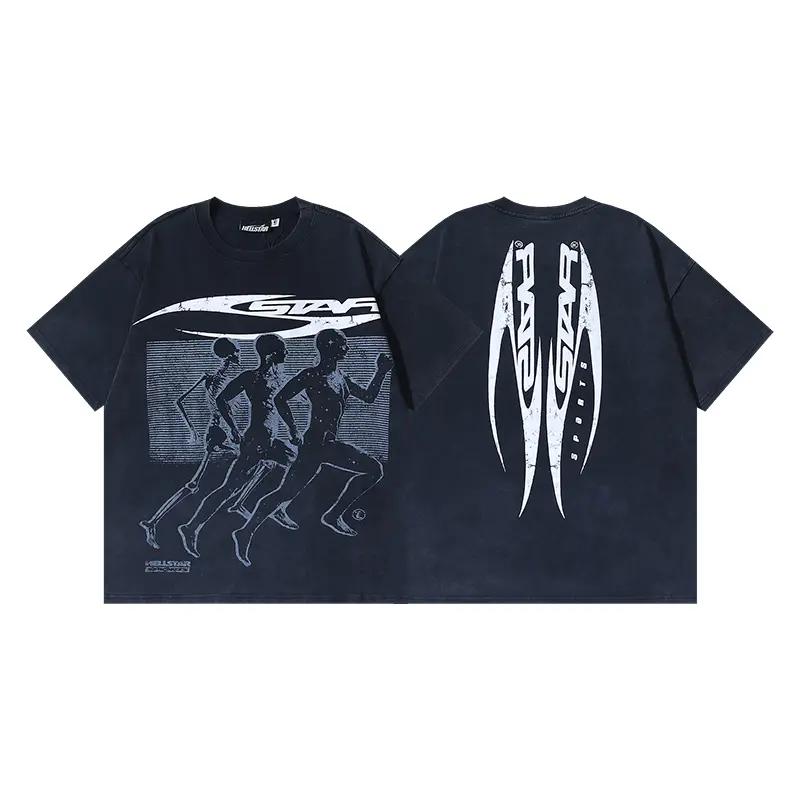 Hellstar Track Sprint Graphic T-Shirt, Vintage Running Figures Front Artwork with Mirrored Racing Logo Back Print, Heavy Cotton Washed Black Oversized Tee for Men Women, Retro Sports Streetwear Fashion Accessories