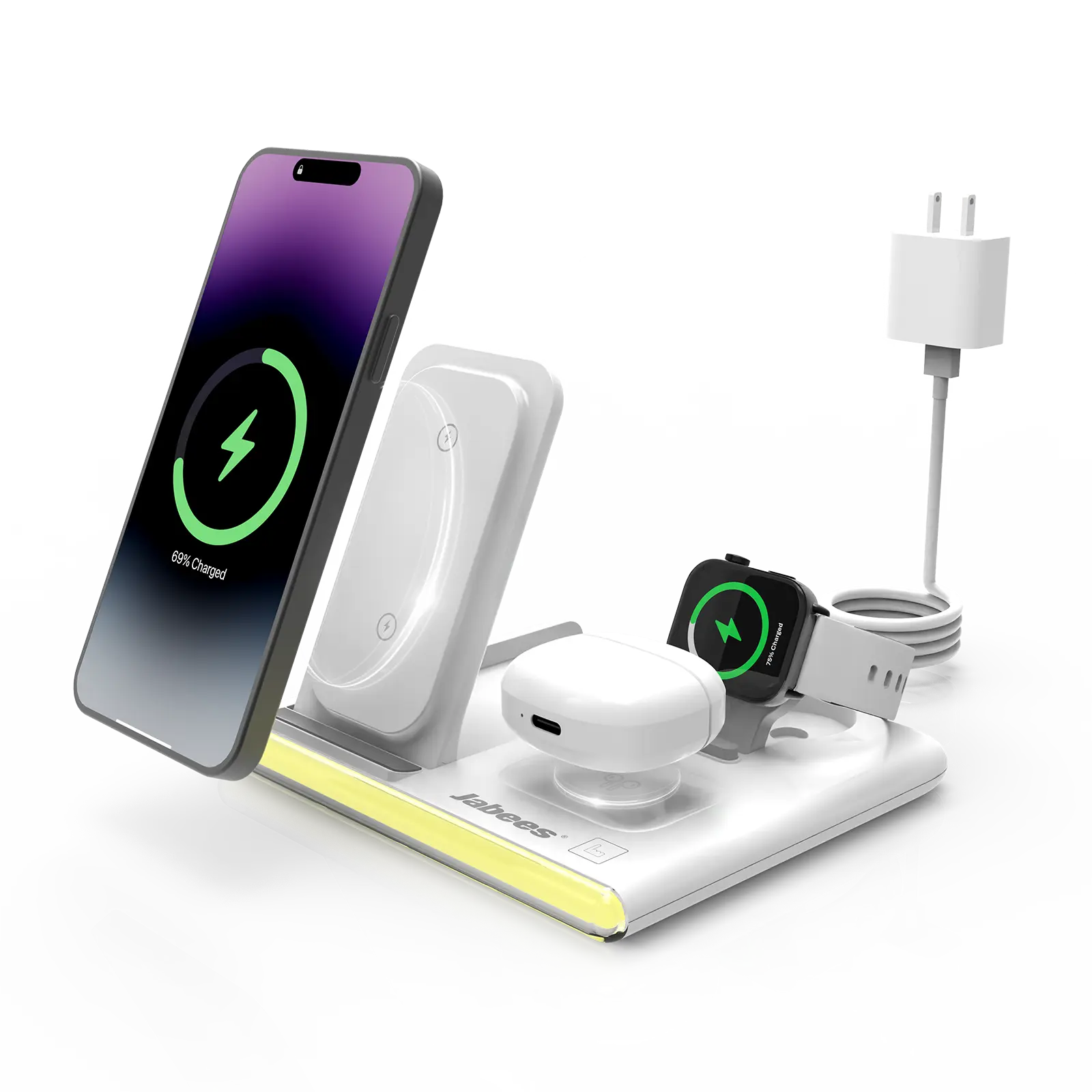 PowerGlow - Jabees PowerGlow 4-In-1 Foldable Wireless Charging Station with LED Night Light