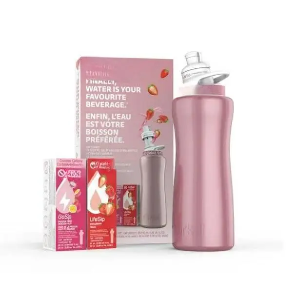 32oz. Rose Stainless Steel Water Bottle Starter Kit With Lid And 2 Flavor Cartridges (1 Lifesip Strawberry  1 Gosip Passion Fruit Dragon Fruit) Zero Calorie No Sugar
