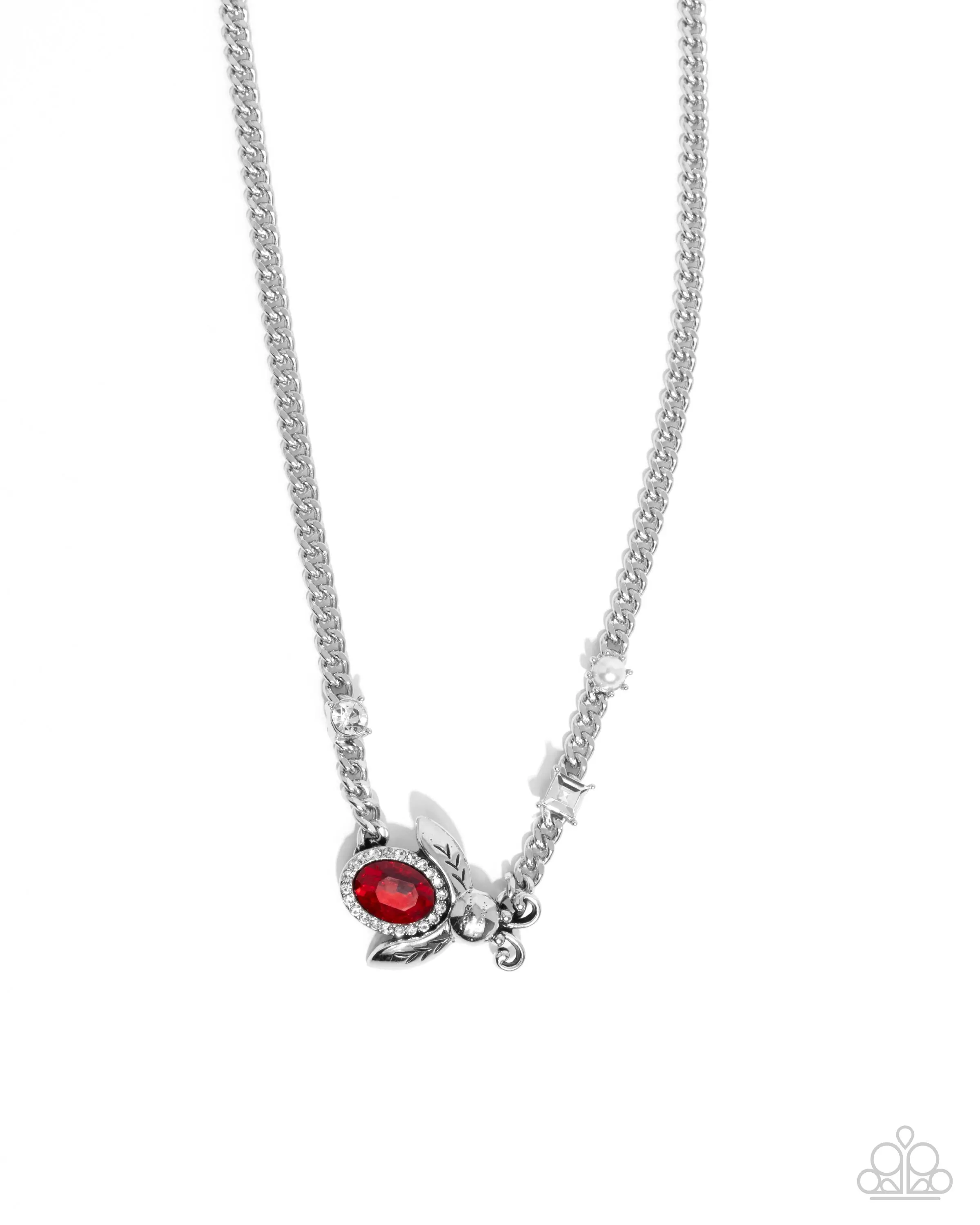 Bedazzled Beetle - Red Gem Silver Bee Firefly Bug Short Necklace - Paparazzi