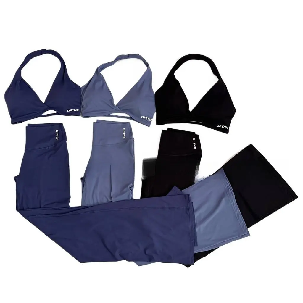 DFYNE Women's 2 Piece Workout Set - Halter Neck Padded Sports Bra & High Waisted Flare Leggings Outfit