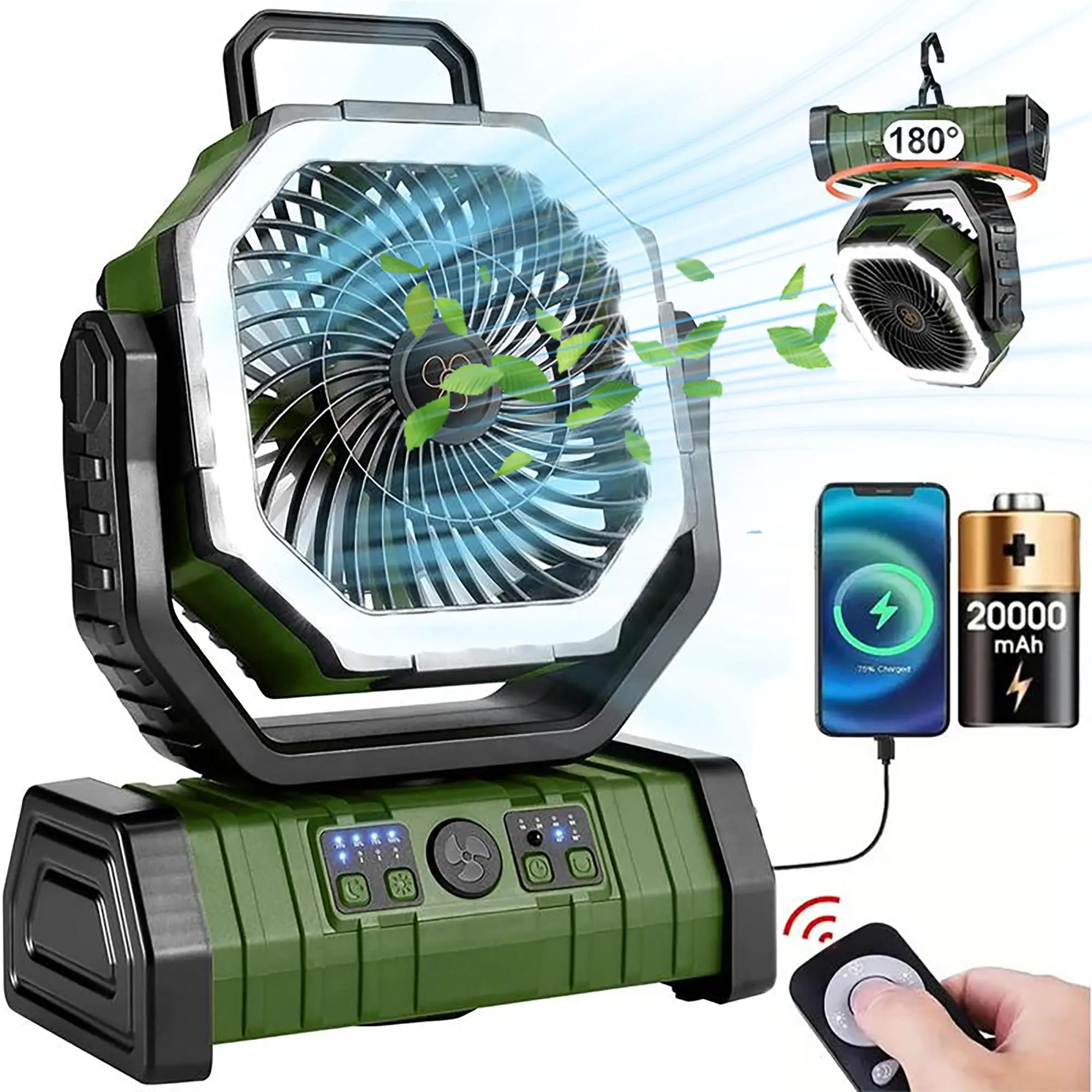 20000mAh Rechargeable Camping Fan with LED Lantern Lights, Portable Auto-oscillating Fan with Remote Control & Hook, Suitable for Picnic Fishing RV Jo