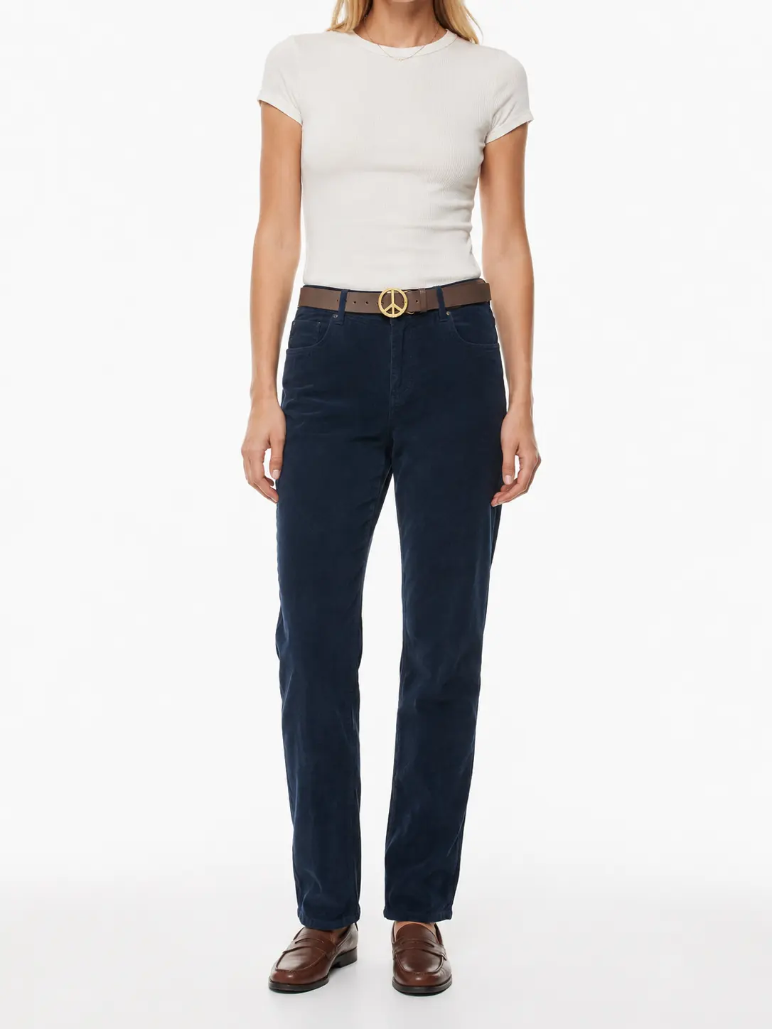 Navy Straight-Leg Pants – Belted Corduroy Everyday Trousers