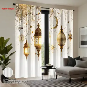 2pc Base Gold Pattern Lantern Moon Decor Curtains, Exotic Luxury Fabric Vertical Long Light Blocking Curtains for Living Room, Ramadan Festival Atmosphere and Year-Round Home Decor, Window Curtain, Home Decoration Curtain