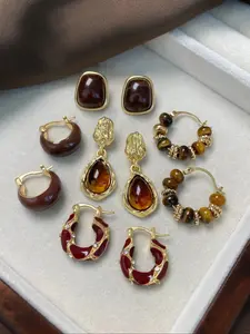 2026 New Model Women's Elegant Tiger Eye Stone Hoop Earrings Set, Geometric Design Synthetic Resin Enamel Style Jewelry, Trendy Jewelry for Daily Wear & Parties, Hoop Earring Sets