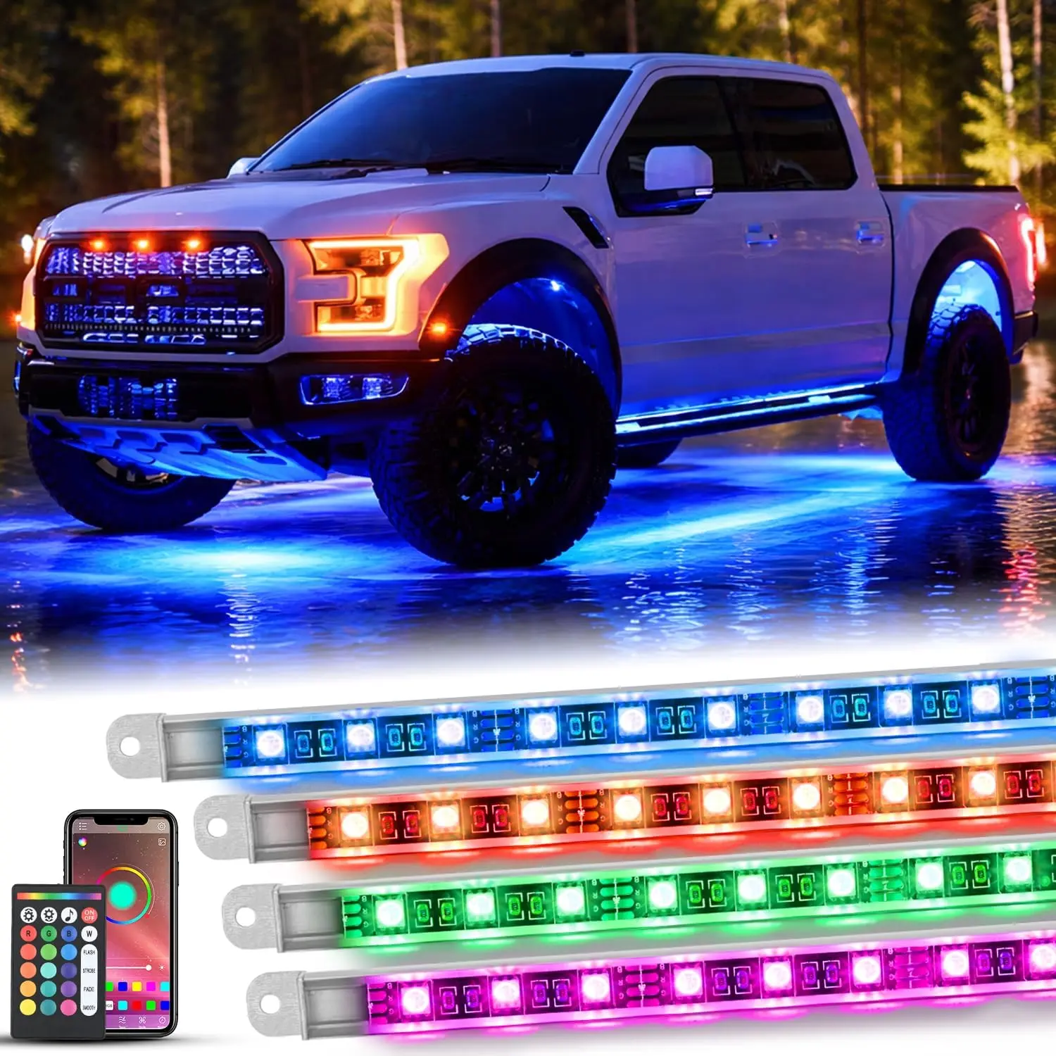 Nilight 4PCS Aluminum RGBW LED Underglow Strip Lights with APP & Remote, 396-LED Door Assist, Multi-Color DIY Sound-Active Music Mode Underbody Lights for Cars/Trucks/RV