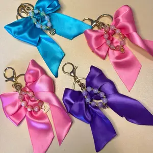 One of a kind Satin Bow Keychains with Beaded Accents in Vibrant Colors for Stylish Accessory