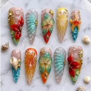 Tropical Citrus Mermaid Press On Nails 3D Shell Hibiscus Starfish Nail Art Beach Core