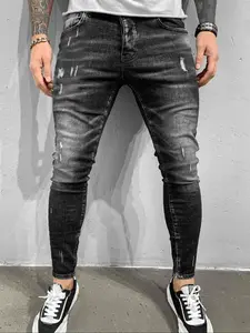 Men's Regular Fit Solid Color Ripped Jeans, Trouser, Casual Comfy Slim Fit Denim Pants for Daily Wear, Fashion Streetwear Men's Bottoms for All Seasons, Skinny Denim, Casual Slim Fitting