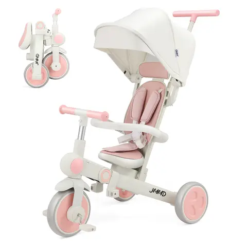 JMMD 7-in-1 Growth Fit Kid Tricycle, Height-Adjustable Handlebar Foldable Portable Ride-On Toy for Toddlers 18m-5Y, PU Silent EVA Wheels Multi-Mode Outdoor Toddler Girl Stuff