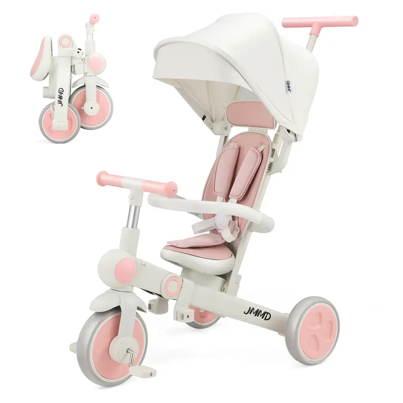 JMMD 7-in-1 Growth Fit Kid Tricycle, Height-Adjustable Handlebar Foldable Portable Ride-On Toy for Toddlers 18m-5Y, PU Silent EVA Wheels Multi-Mode Outdoor Toddler Girl Stuff