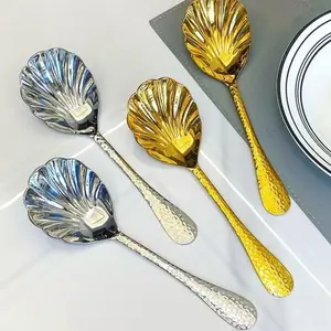 4-Piece Stainless Steel Spoons, Large Square Design, Patterned, Ideal for Parties, Buffets, Dinners, Banquets, Serving Utensils