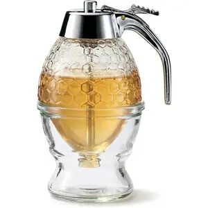 Honey Dispenser No Drip, 8 oz Glass Honey Jar with Stand, Leak-Proof Syrup Dispenser for Honey, Maple Syrup and Coffee Syrup, Clear Honeycomb Honey Pot for Coffee Bar & Breakfast Table