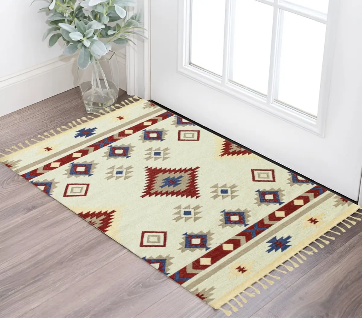 HomeRoots Decorative Indoor Floor Rug - 3x5 ft. Red, Blue & Beige Wool Tribal Flatweave Handmade Reversible Soft Low Pile Fringed Rectangle Area Rug, Decorative Rug