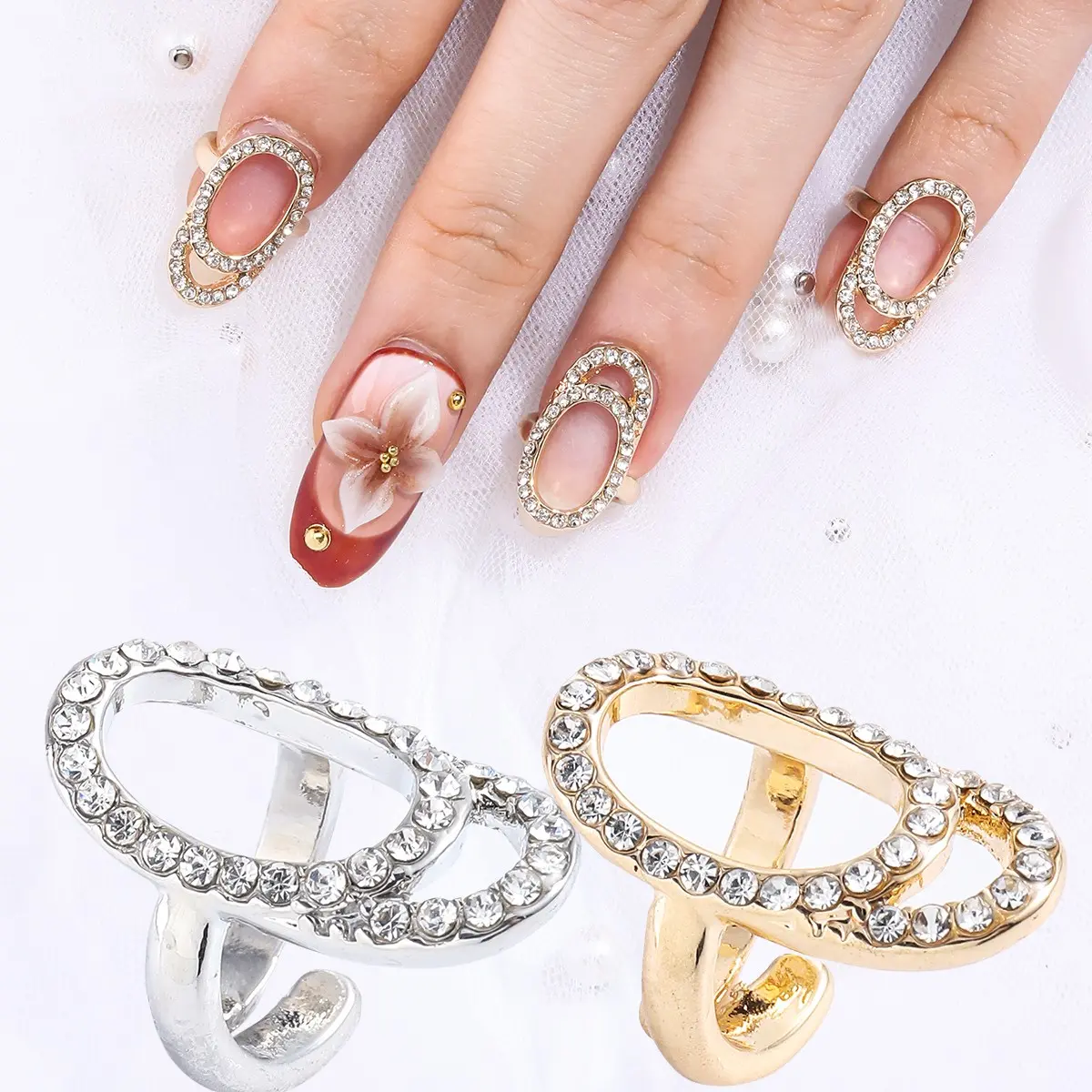 Adjustable Nail Ring for Acrylic Nails, & Silver Color, Non-Fading Metal Material, Women's DIY Nail Art Accessories