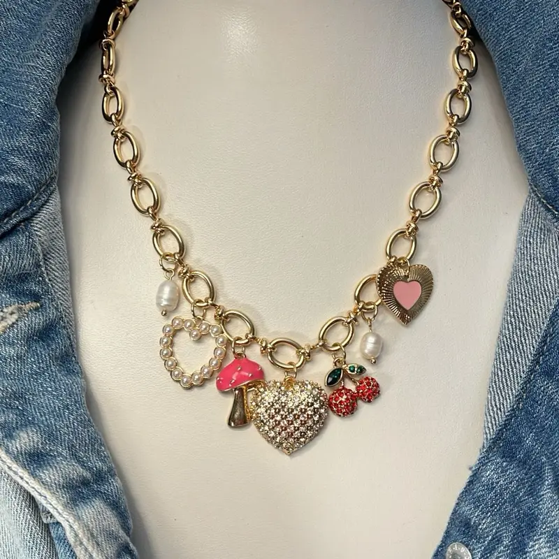 Kaycee Multi Charm Mushroom Heart Cherry Necklace