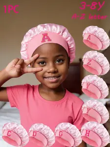 1PC Princesses! Pink Letter Embroidery Hair Care Bonnet,Anti-Hair Tangling | Kids Satin Hair Care Sleep Bonnet 3-8Y A-Z 26Letters Haircare Hair Bonnets