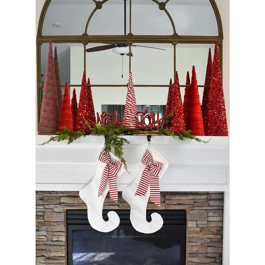 White Velvet Christmas Stocking with Candy Cane Bow