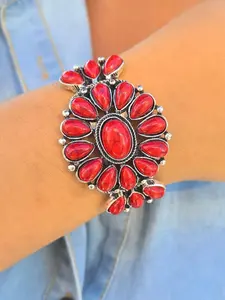 Bohemian Turquoise Bracelet, 4 Colors Vintage Floral Gemstone Open Cuff, Silver Color European Style Bold Chain, Western Cowboy Jewelry
