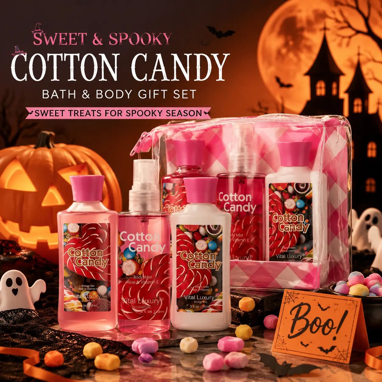 8 Scents Available Vital Luxury Women's Cotton Candy Scented Multi-Pack Body Care Travel Set - 3-Piece, 3oz Shower Gel, Moisturizing Lotion, Body Mist, Waterproof Pouch, TSA-Friendly, Lightweight - Ideal Gift for Gym, Vacation Use