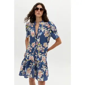 Athina Short Linen Dress - Blue Poppy Print