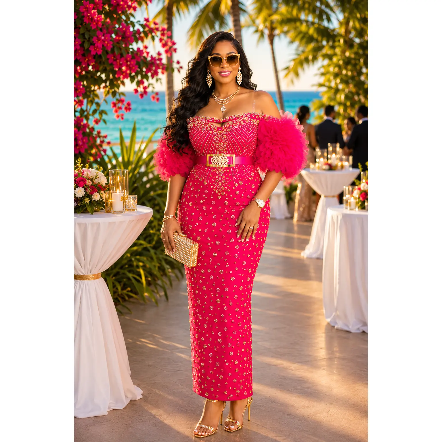 Pink Embellished Ruffled Off-The-Shoulder Peplum 2-Piece Skirt Set Mother of The Bride Engagement Ceremony Birthday Celebrant Cocktail Reception Summer Wedding Guest Outfit