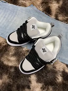 Unisex Low-Top Thick Sole Trainer Sneakers, Casual Patchwork Textile Shoes, All Seasons Outdoor Streetwear, Vintage Style