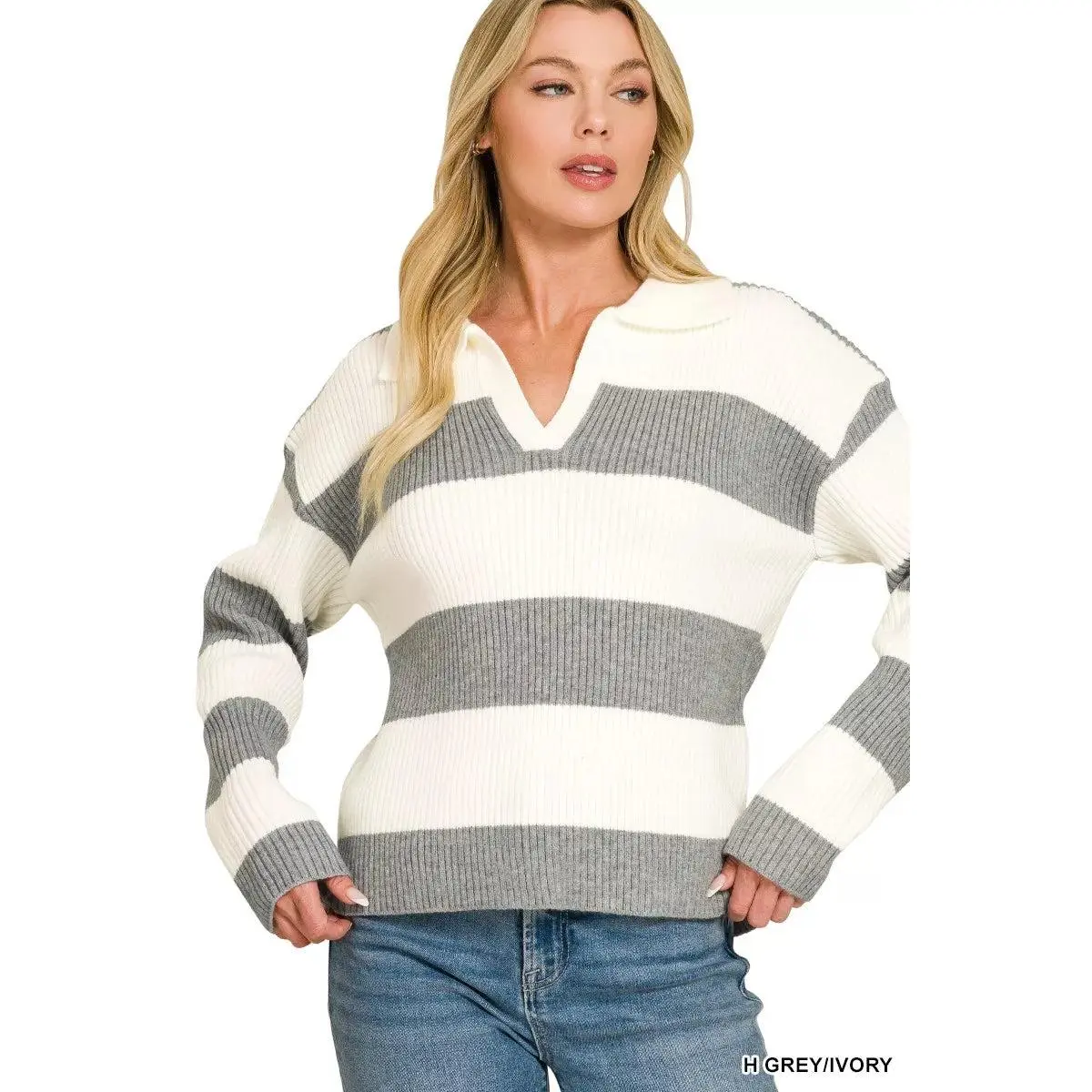 Zenana Striped Collared Sweater